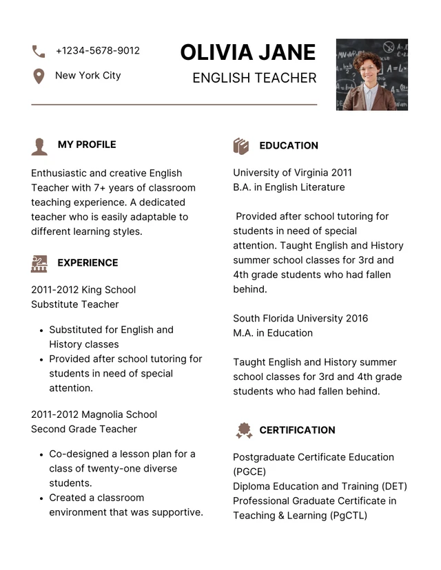 White And Brown Clean Simple Minimalist English Teacher Resume Template