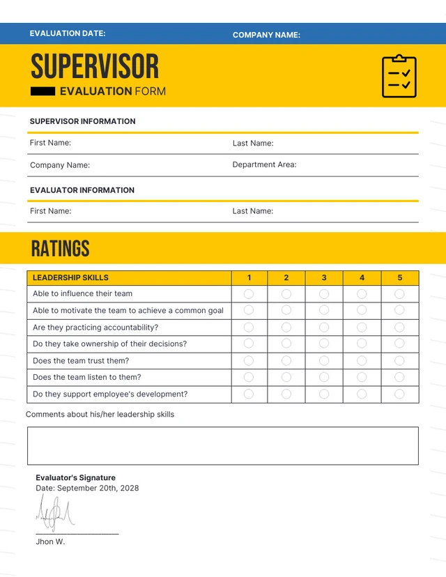 Simple Yellow and Blue Supervisor Evaluation Forms Template