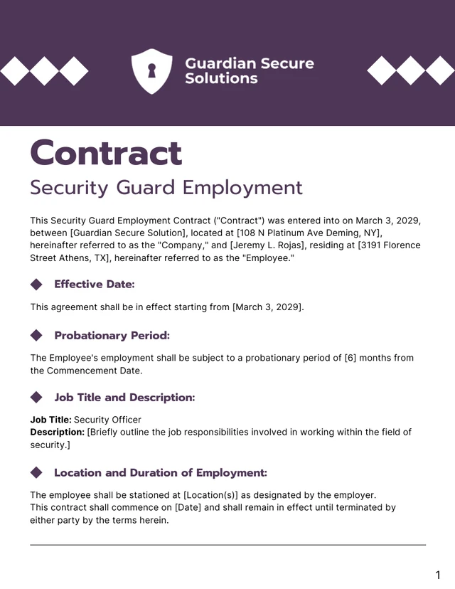 Security Guard Employment Contract Template - Page 1