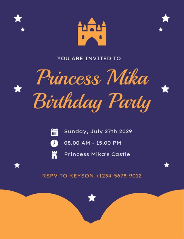 Blue And Navy Modern Simple Elegant Castle Princess Birthday Invitation Template