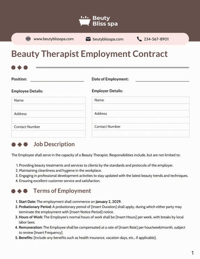 Beauty Therapist Contract Template Of Employment - Page 1