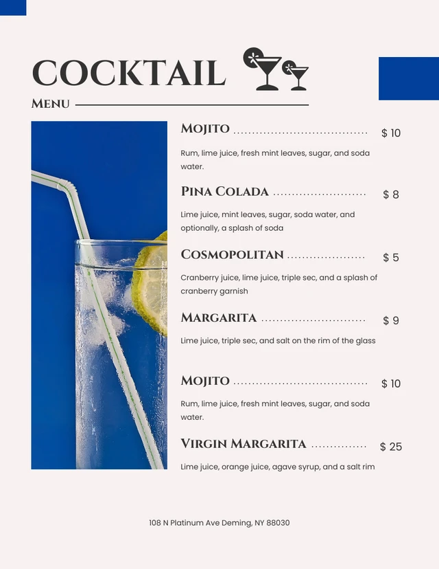 Grey simple modern cocktail menu Template