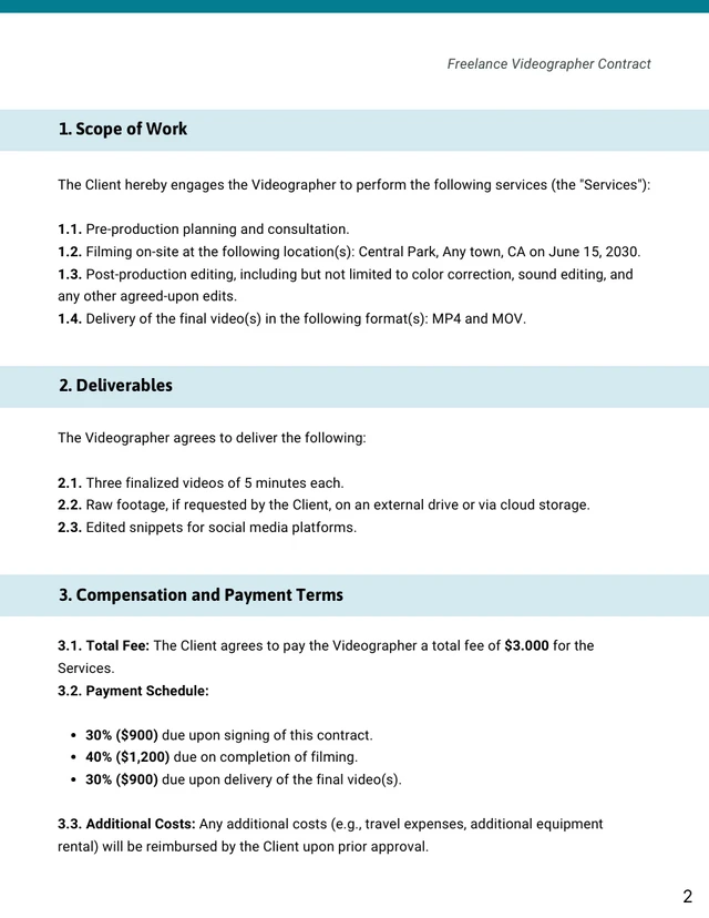 Freelance Videographer Contract Template - Page 2