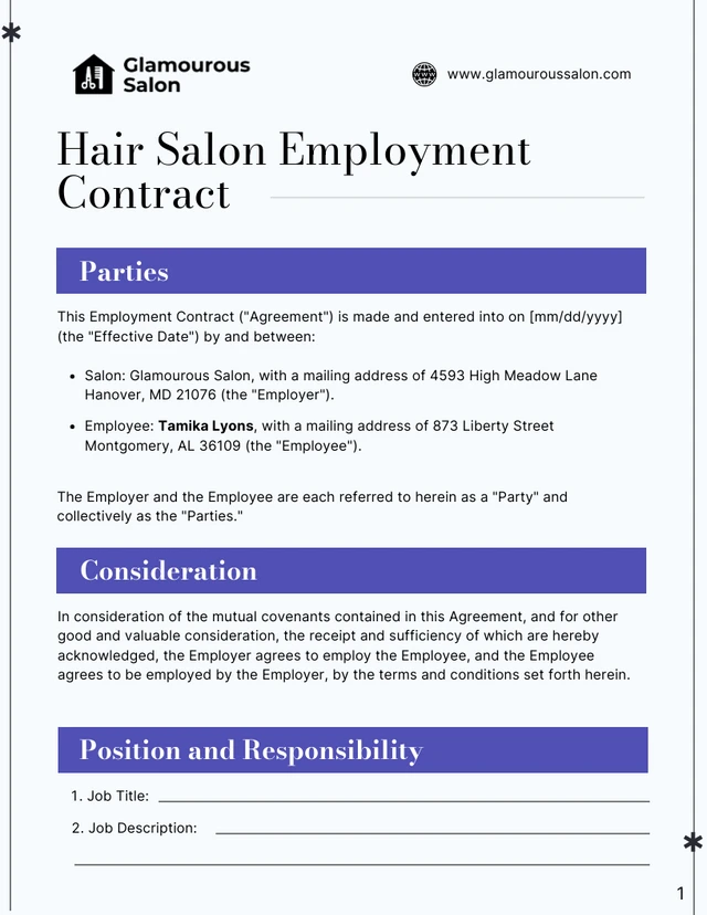 Hair Salon Employment Contract Template - Page 1