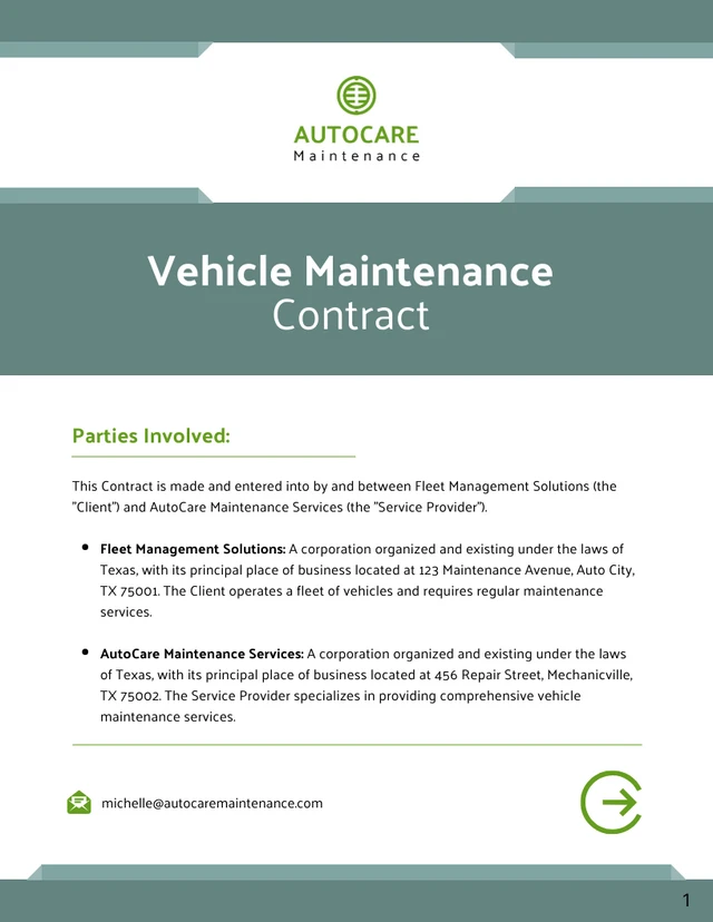 Vehicle Maintenance Contract Template - Page 1