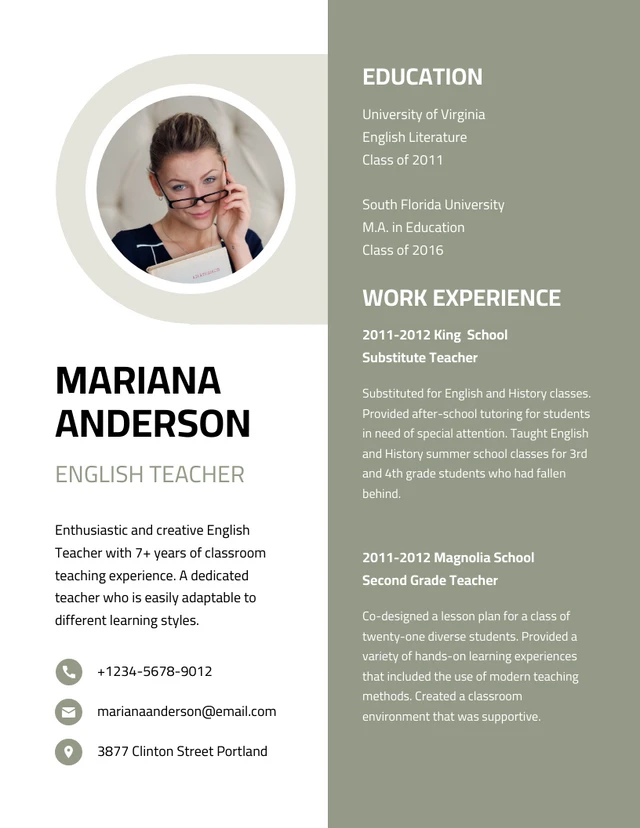 White And Green Modern Simple Aesthetic English  Teacher Resume Template
