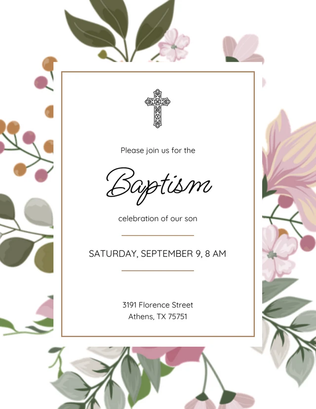 Modern Floral Green Baptism Invitation Template