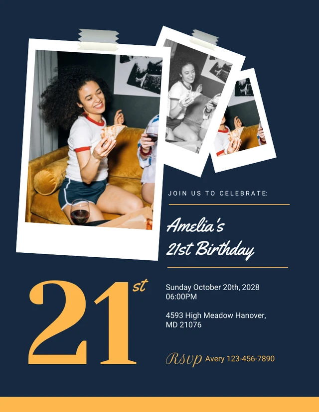 Navy And Yellow Modern 21st Birthday Invitation Template