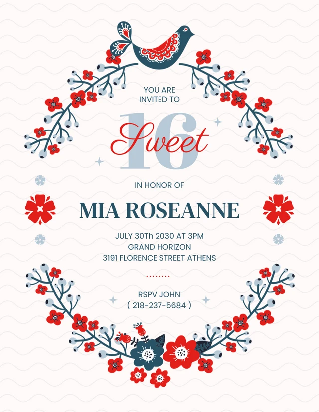 White Minimalist Floral Sweet 16 Invitation Template