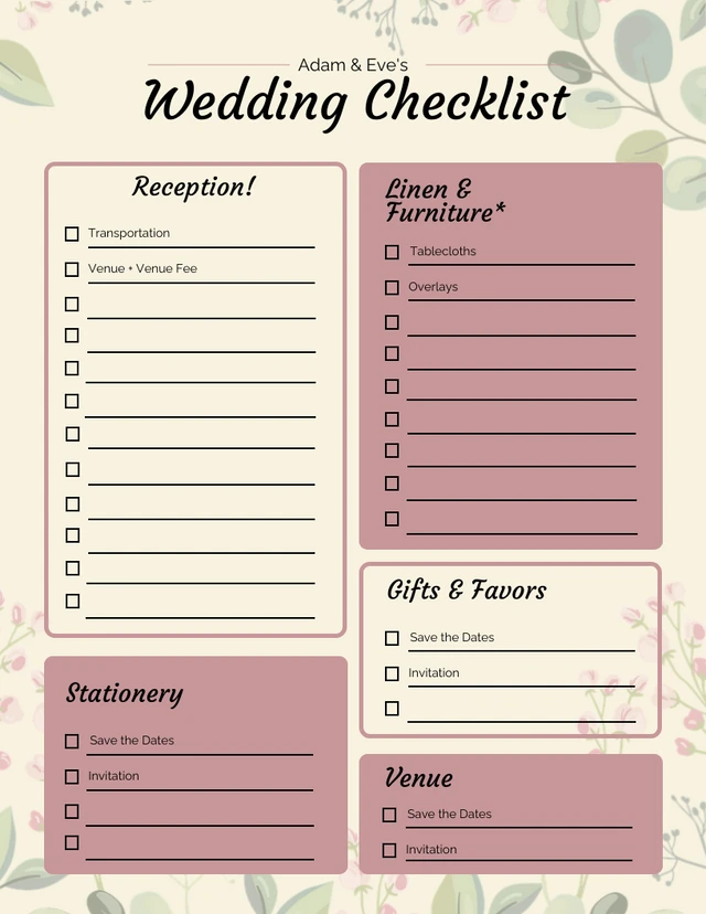 Cream Floral Wedding Checklist