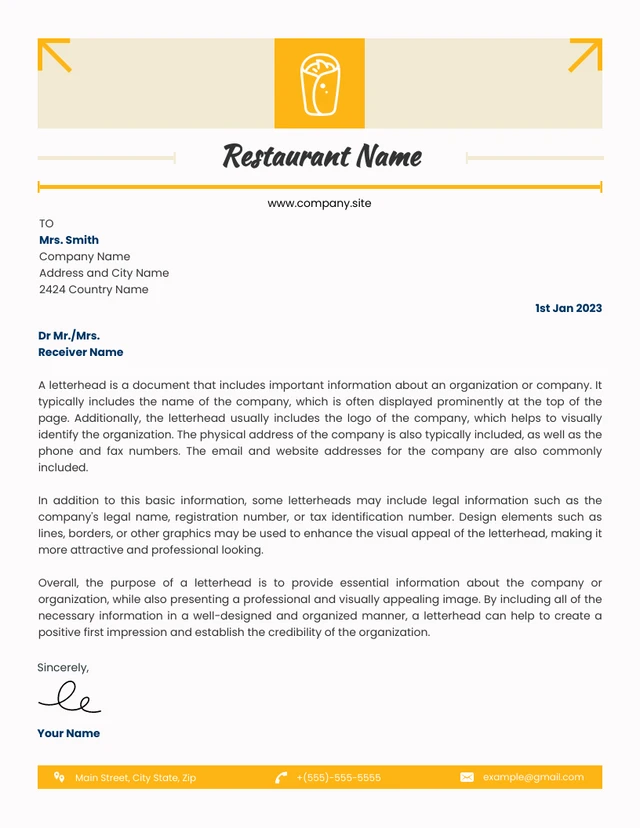 White And Yellow Modern Restaurant Letterhead Template
