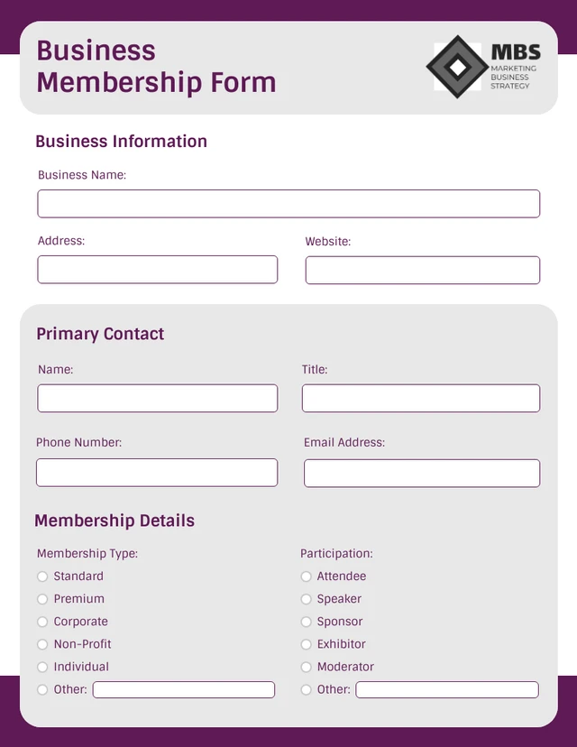 Purple and White Simple Membership Business Form Template