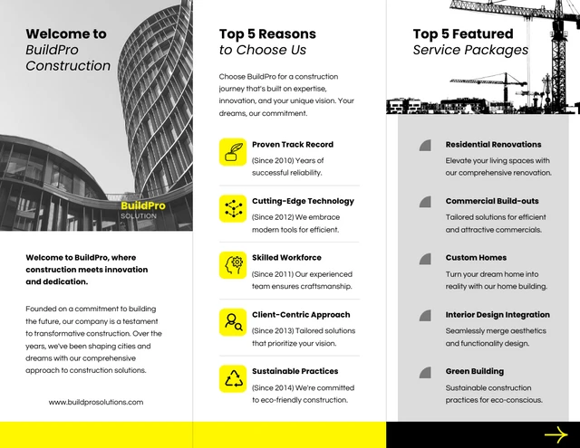 BW Yellow Construction Tri Fold Brochure - Page 2