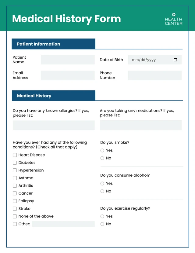 Green And Blue Minimalist Medical Form  Template