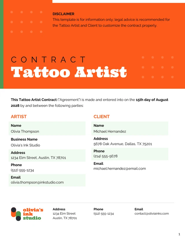 Tattoo Artist Contract Template - Page 1