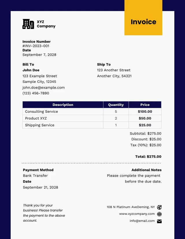 Blue and Yellow Modern Simple Invoice Business Template