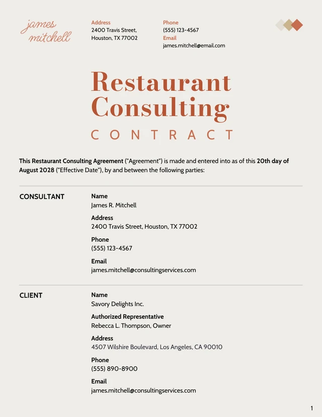 Restaurant Consulting Contract Template - Page 1