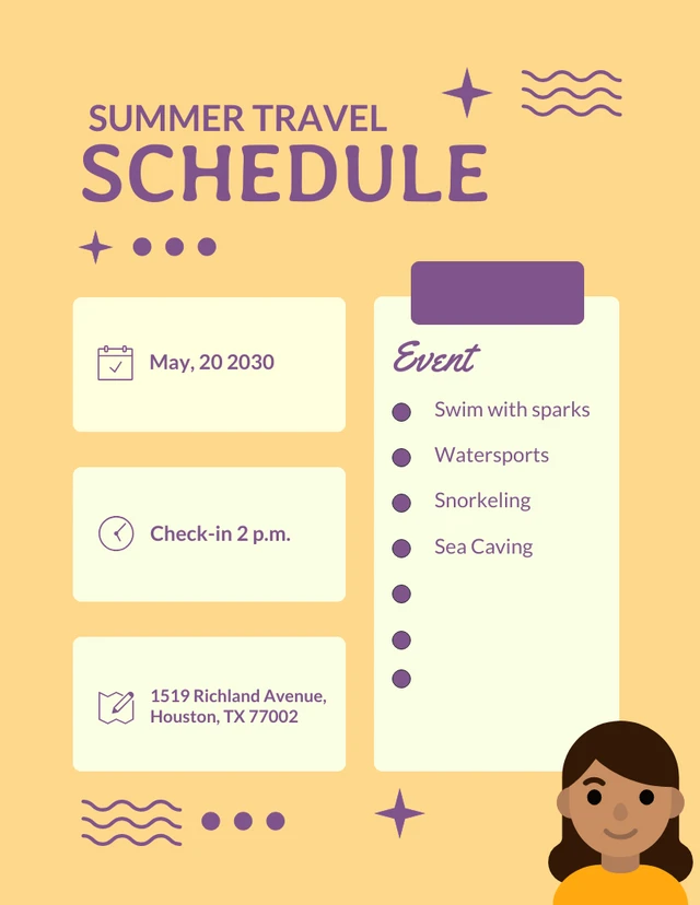 Yellow And Purple Simple Illustration Summer Travel Schedule Template