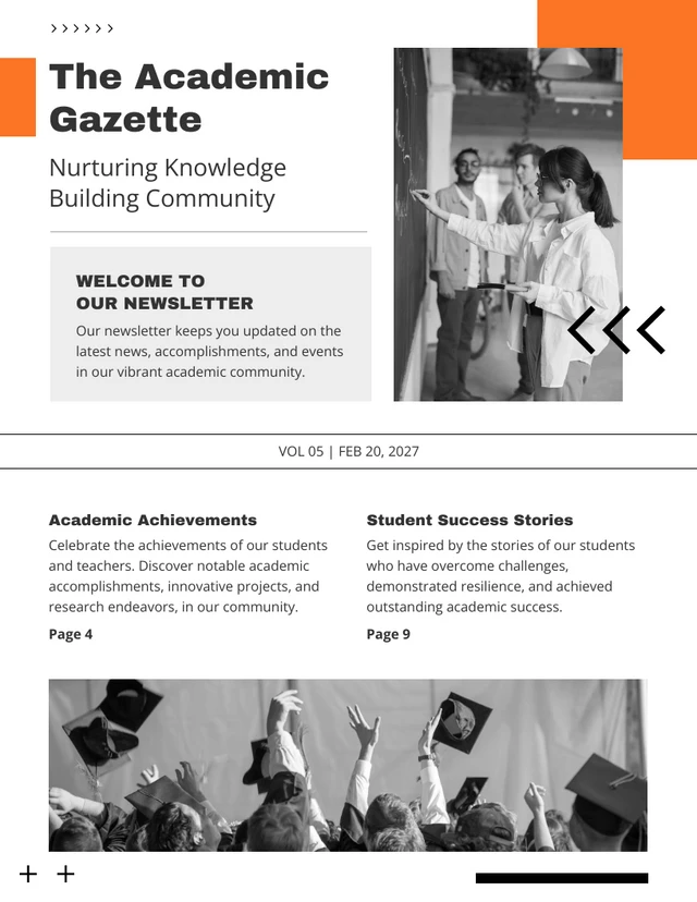 School Newsletter Design Minimalist Black White Orange Template