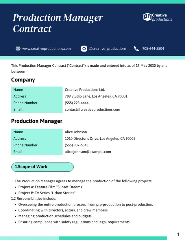 Production Manager Contract Template - Page 1