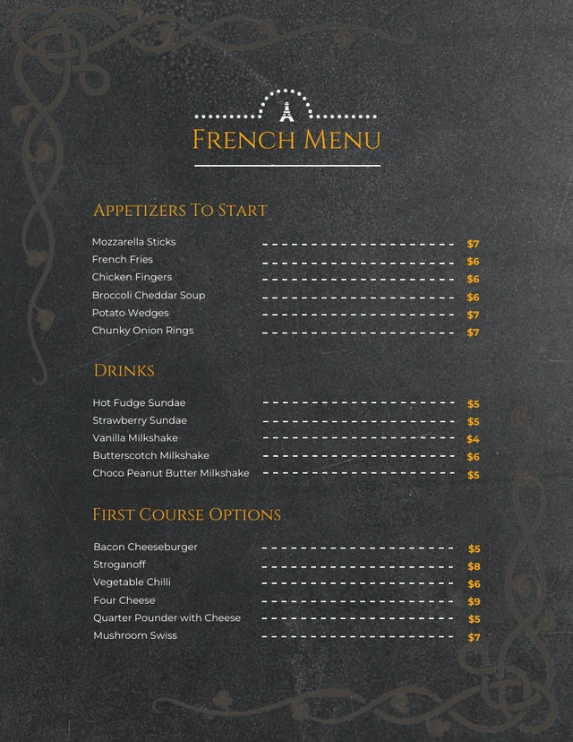 Dark Minimalist Ornament French Menu Template