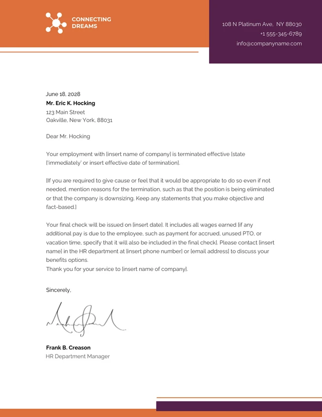 White, Orange & Purple Termination Letter Template