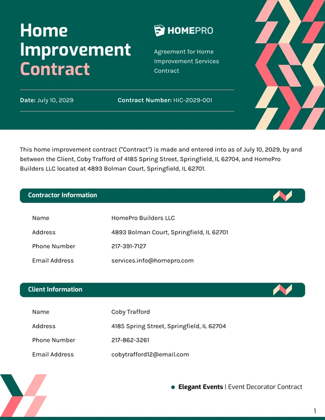 Home Improvement Contract Template - Page 1