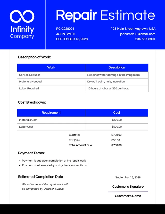 Royal Blue Repair Estimate Template