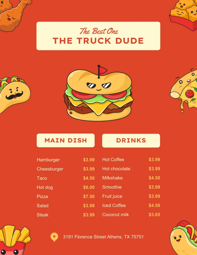 Orange Cute Illustration Food Truck Menu Template