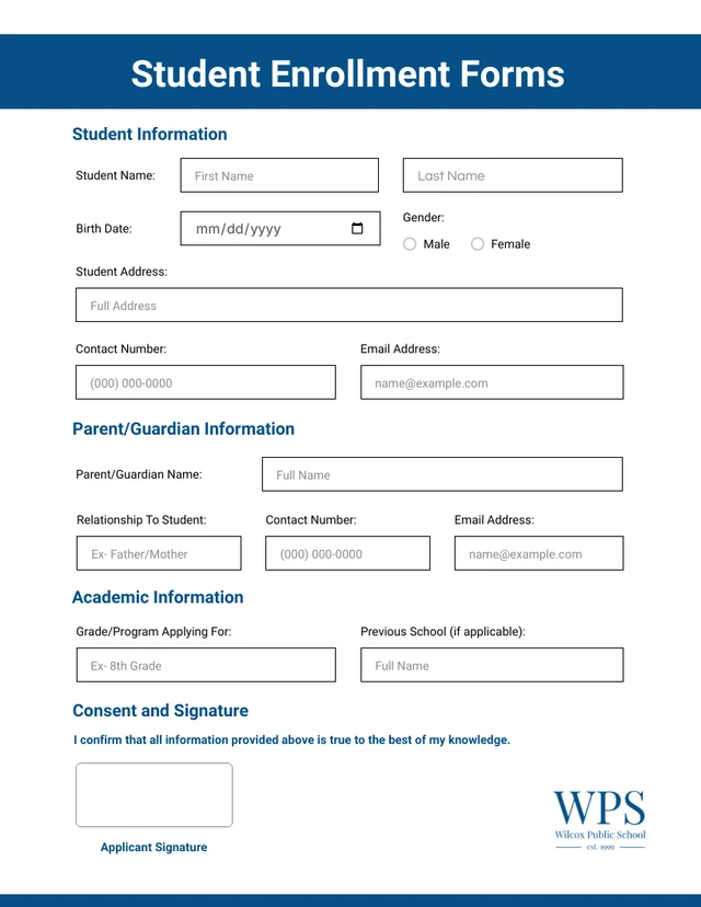 Modern Blue Student Enrollment Forms Template