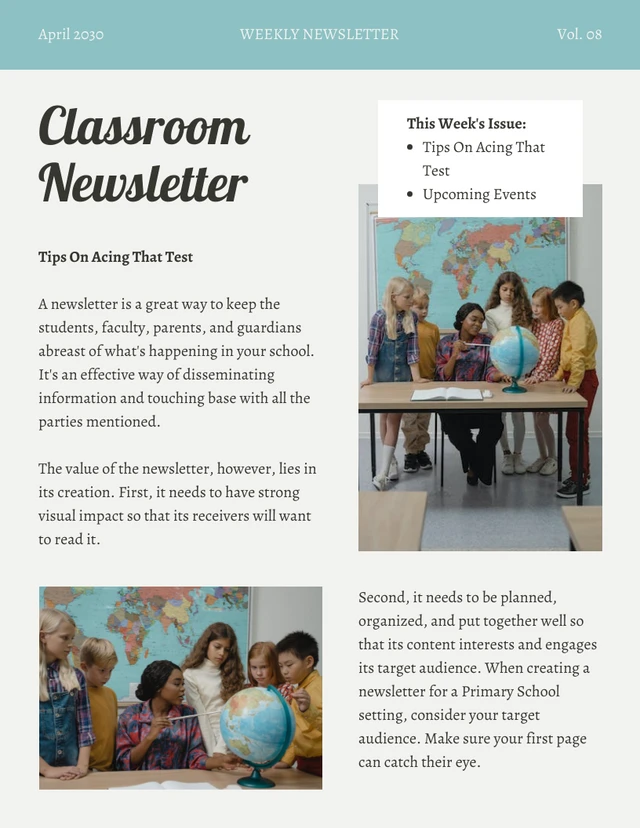 Light Grey And Light Green Modern School Classroom Newsletter