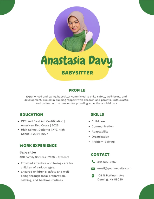 White Green and Yellow Babysitter Resume Template