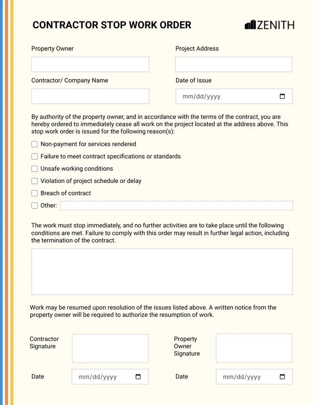 Simple Blue, Orange and Yellow Contractor Stop Work Order Forms Template