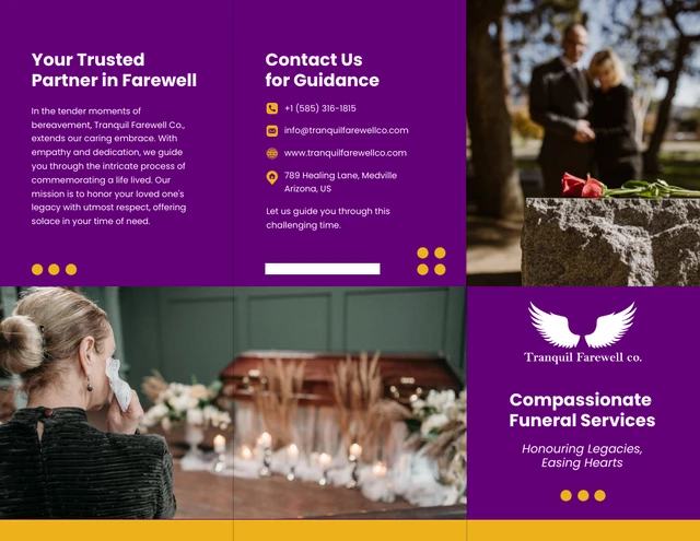 Simple Purple and Yellow Funeral Service Tri-fold Brochure - Page 1