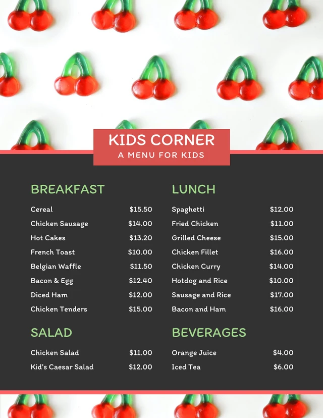 Black Modern Kids Menu Template