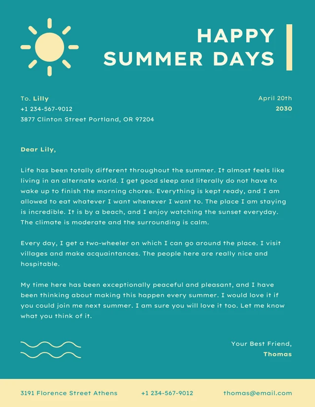 Teal Green And Light Yellow Simple Illustration Business Happy Summer Days Letterhead
