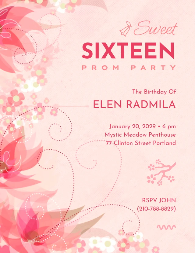 Pink Classic Floral Sweet 16 Prom Party Invitation Template