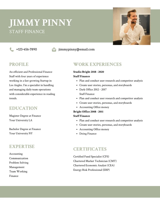 Sage Green Clean Professional Finance Resume Template
