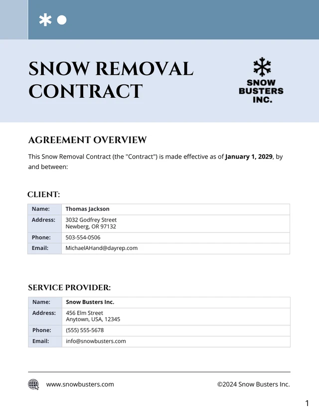 Snow Removal Contract Template - Page 1