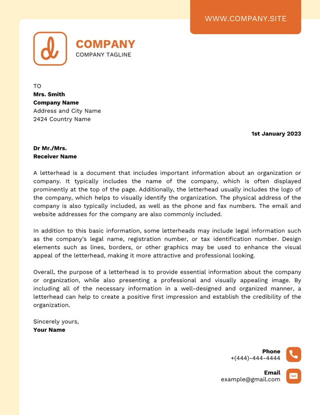 Light Yellow And Orange Simple Professional Graphic Design Letterhead Template
