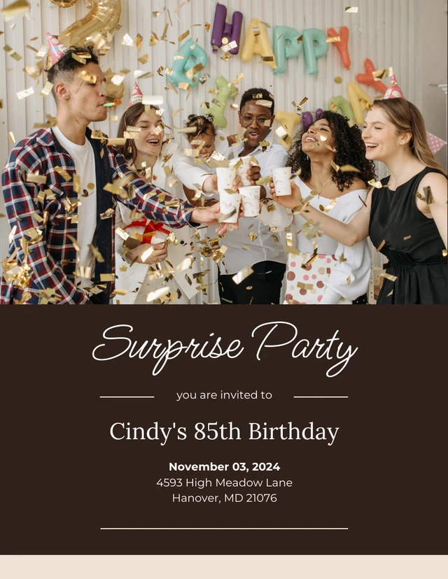 Dark Brown Modern Photo Fun Surprise Party Invitation Template