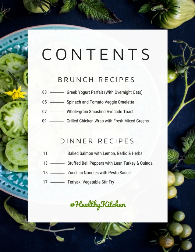 Green Healthy Recipe Book Table of Contents Template