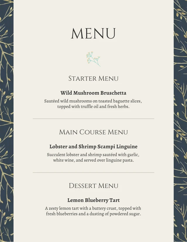 Dark Green And Beige Modern Floral Pattern Wedding Menu Template