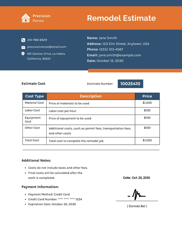 Navy And Orange Remodel Estimate Template