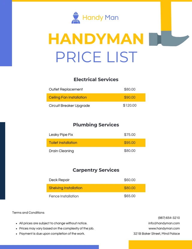 Minimalist Clean Handyman Price Lists Template