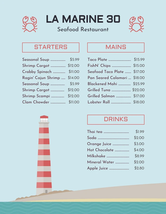 Light Blue Minimalist Illustration Seafood Menu Template