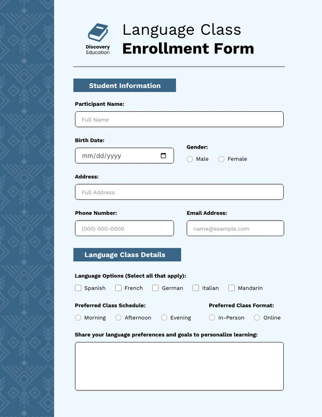 Simple Blue Enrollment Forms Template