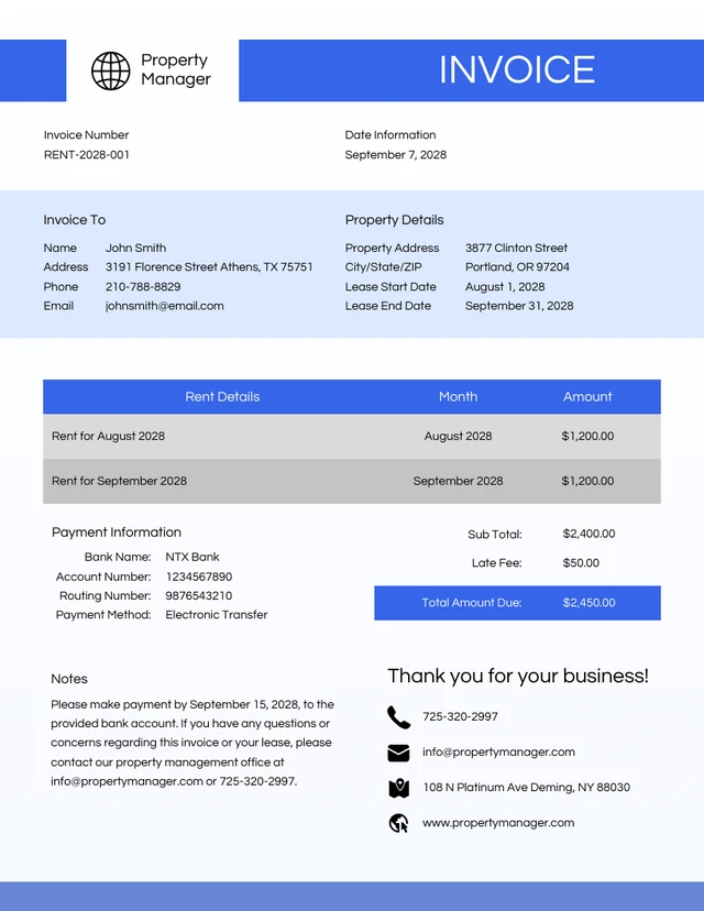 Simple Blue Rental Invoice Template