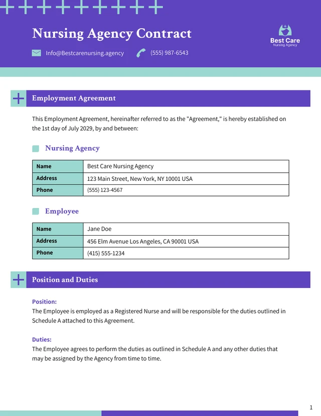 Nursing Agency Contract Template - Page 1