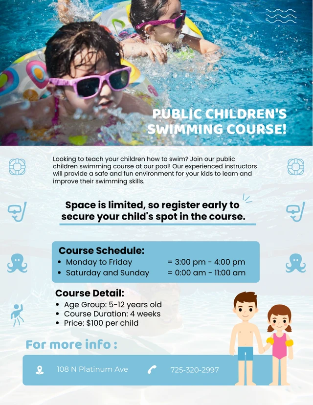 Public Children Swimming Course Poster Template
